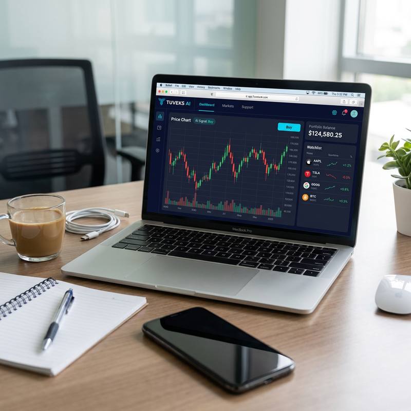 Tuveks AI dashboard on a laptop showing a candlestick price chart with an AI buy signal, a portfolio balance and a stock and crypto watchlist
