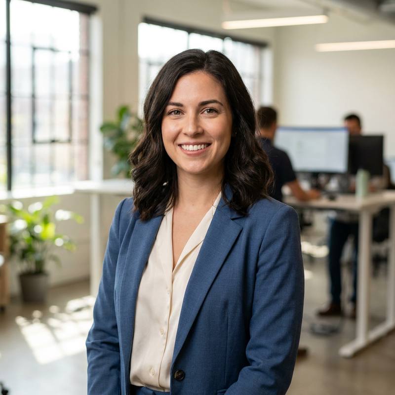 A smiling Tuveks AI client adviser in a navy blazer standing in a bright open-plan office