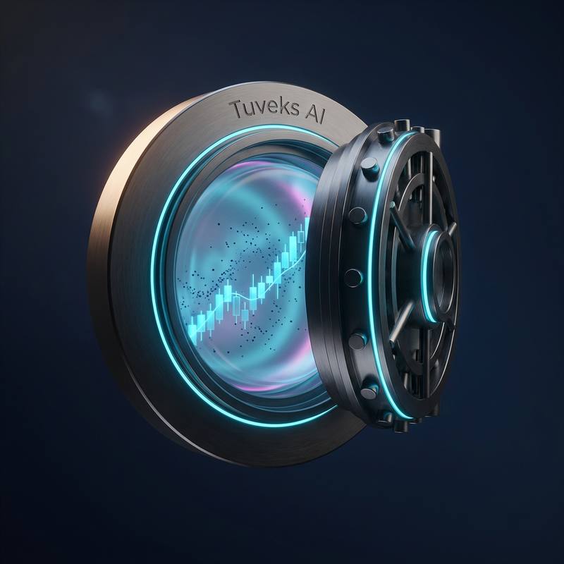 A heavy circular vault door engraved with Tuveks AI, ringed in neon cyan light and opening onto a glowing rising candlestick chart