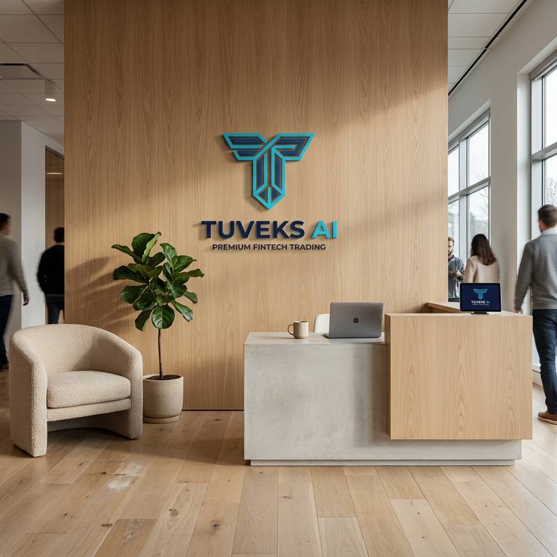 Tuveks AI head office reception with the Tuveks AI logo on an oak-panelled wall, a fiddle-leaf fig, a cream armchair and a concrete reception desk